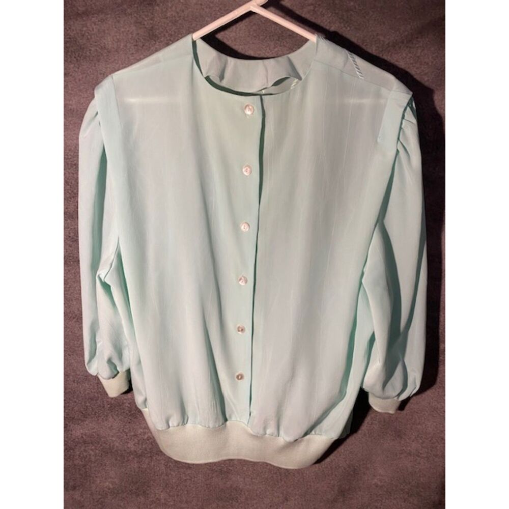 Vintage Andrea Gayle Mint Green Embroidered Back Button Blouse Size 16